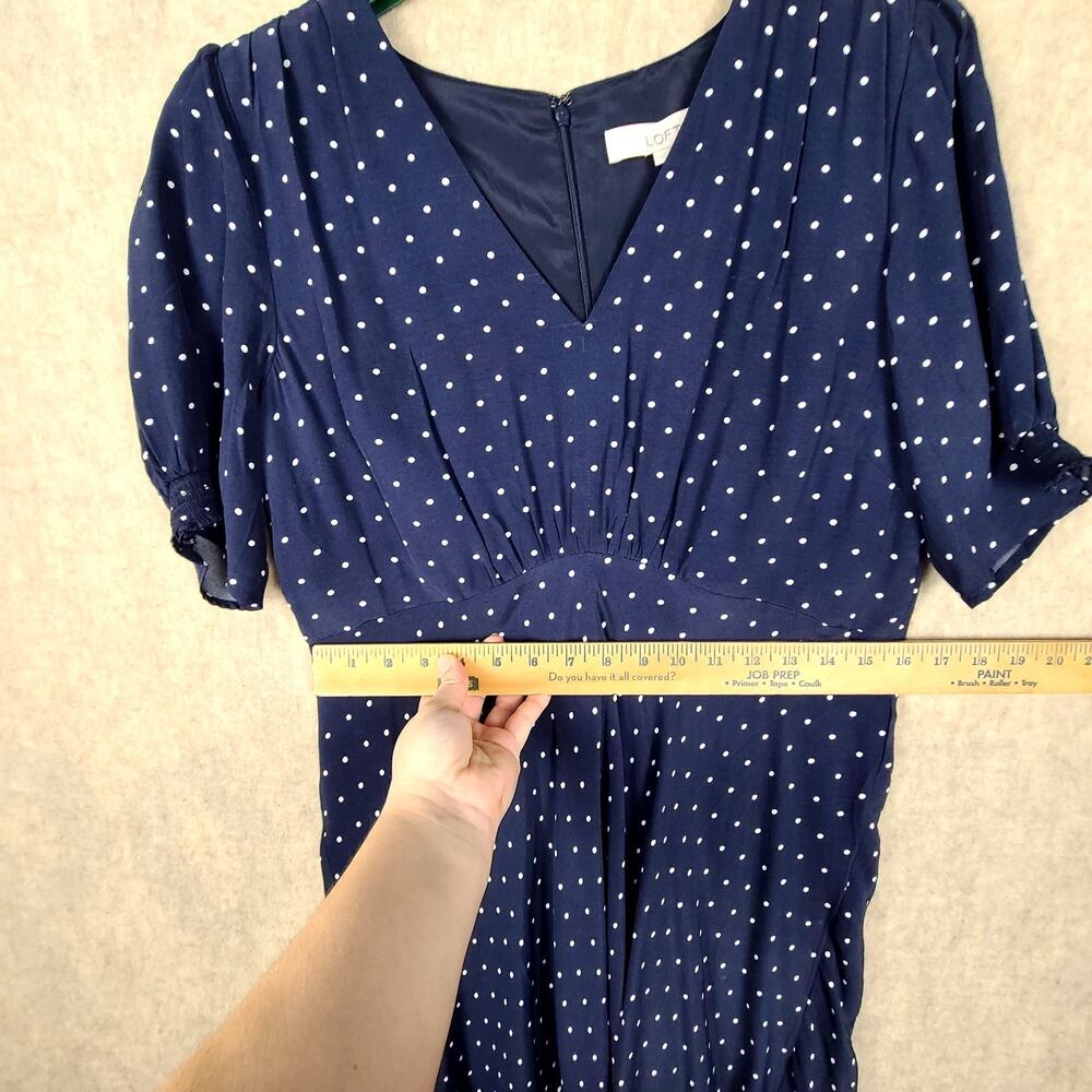 Loft Navy Blue Polka Dot V-neck Dress Puff Sleeves Size 10 NWT Retro 40's Style - Picture 12 of 13